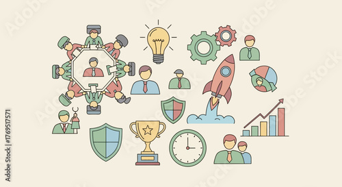 Business and teamwork concept with various related icons and symbols.