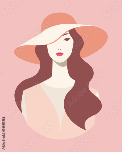Elegant woman with long wavy hair wearing a widebrimmed hat and dress against a beige backdrop girl avatar
