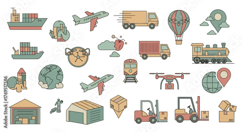 Collection of Transportation and Logistics Icons and Illustrations.