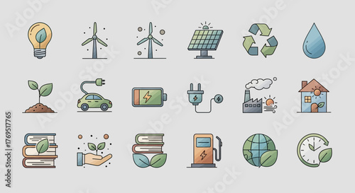 EcoFriendly and Sustainable Energy Icons for Environmental Conservation.