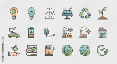 Colorful icon set representing ecology and renewable green energy concepts.