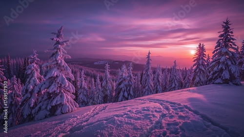 Fantastic evening landscape glowing by sunlight with a dramatic wintry scene in a natural park.pe. Beauty world. Retro filter. Instagram toning effect. Vivid violet. Happy...