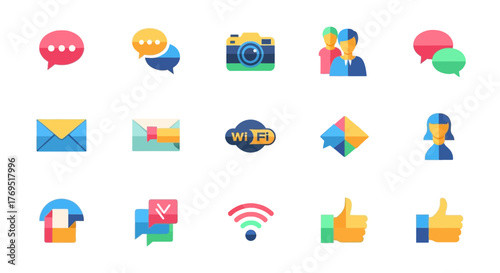 Vibrant collection of social media and communication icons in flat design.