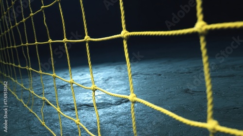 Close up of a yellow net in front of a blurred blue toned underwater background