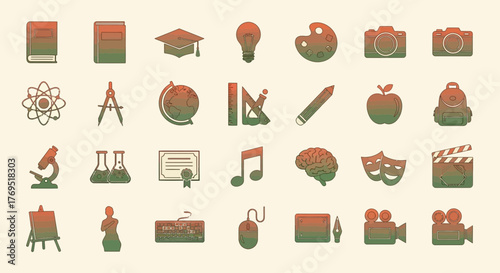 Education and learning icons representing various academic disciplines and subjects.