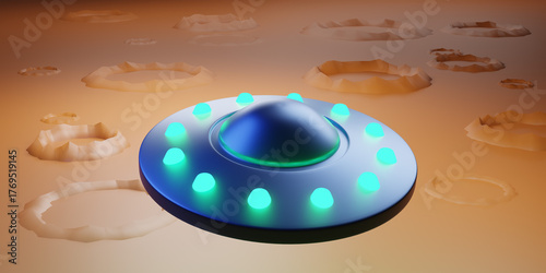 Photos UFO above planet at space. 3d render.