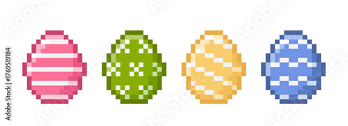Set of pixel art Easter egg. Four painted colorful eggs in pink, green, yellow and blue. 8-bit icons in the retro style. Isolated vector illustration.