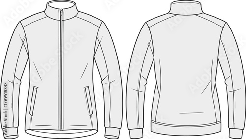 Front and back view jacket technical drawing, fashion flat sketch, apparel design template, casual outerwear clothing pattern for textile, garment, and illustration