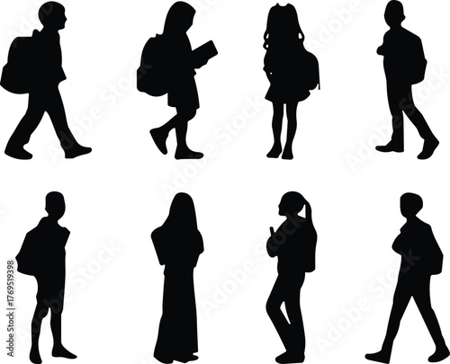 Silhouette of students walking with backpacks, boys and girls going to school, education concept, study, learning, academic lifestyle, and youth design