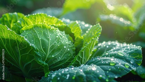Macro Shot of Water Droplets on Fresh Cabbage Leaves in Garden