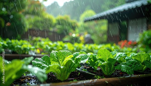 Rainy Day in Japanese Vegetable Garden with Soft Raindrops Falling