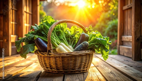 Rustic Basket Filled with Freshly Harvested Japanese Vegetables
