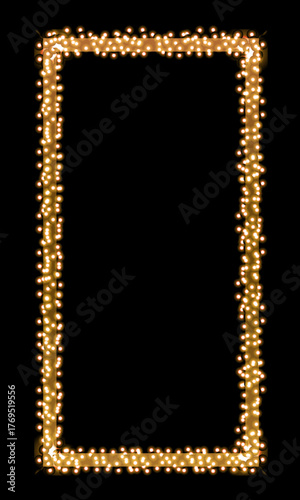 Luxury Christmas background design with a vertical rectangular gold frame and sparkling glitter on a black background with central copy space. Colored vector