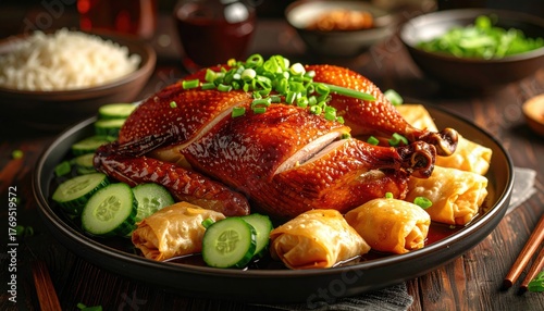 Deliciously Crispy Peking Duck with Fresh Vegetables and Wraps