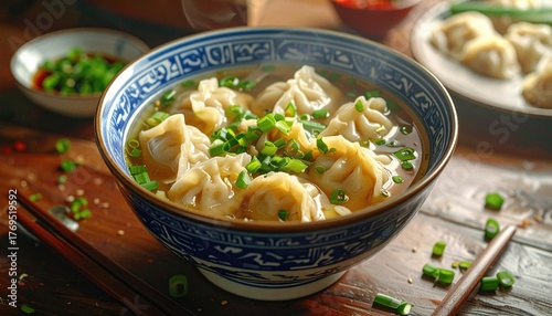 Delicious Chinese Dumplings in Clear Broth Garnished with Greens