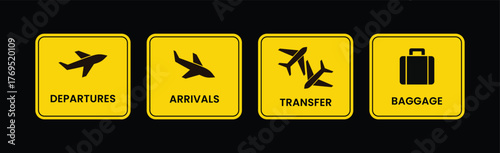 Airport sign vector with arrivals, departures, baggage claim, and transfer directions, information board signs for airport navigation, check-in and travel guidance panel