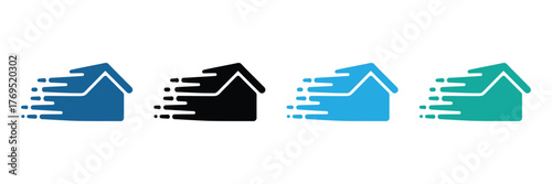 Fast moving home icons represent modern, efficient delivery services, quick real estate solutions and express moving companies in blue, black, and teal.