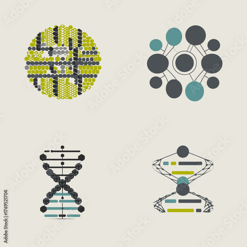 Abstract Science and Technology Icon Set: DNA, Genetic Research, Data Networks, and Digital Structures Illustration