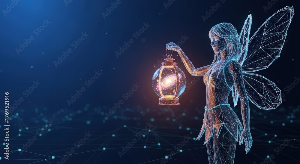 Fototapeta premium Digital woman holding a galaxy lantern in the night
