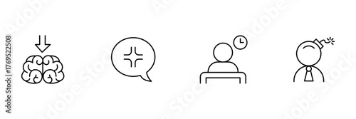 Brain pressure, angry speech bubble, waiting person, head bomb icon set, stress emotion vector illustration, mental health minimal outline art.