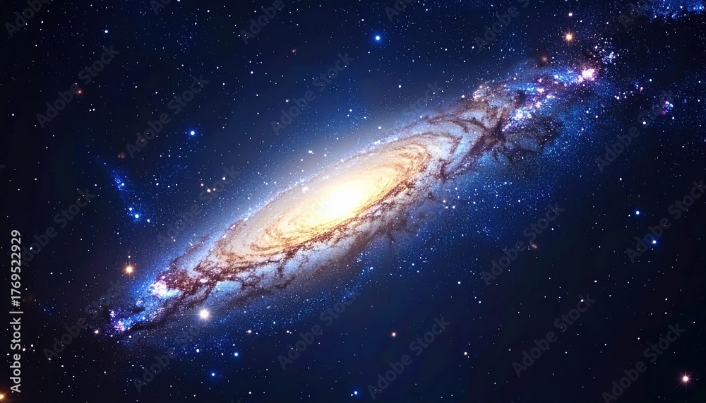 Naklejka premium A stunning spiral galaxy filled with vibrant stars and cosmic dust, set against the dark backdrop of space, showcasing the beauty of the universe.