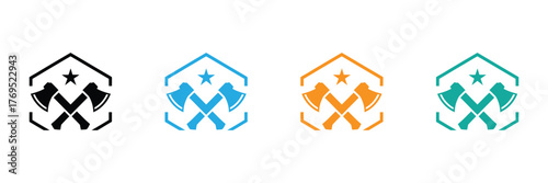 Axe logo design featuring crossed axes inside a geometric frame with a star. Ideal for forestry, lumberjack, or outdoor adventure brands needing a strong icon.