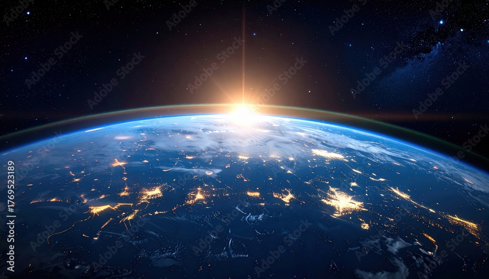 Obraz premium A breathtaking view of Earth from space, highlighting a sunrise over the horizon and twinkling city lights at night.