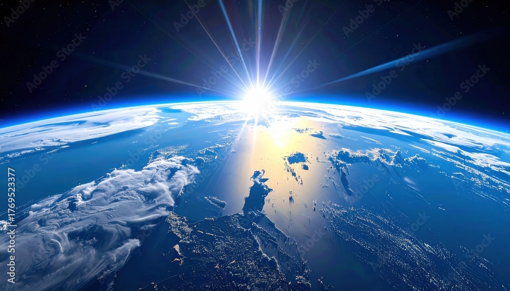 Fototapeta premium A stunning view of Earth from space, showcasing the curvature of the planet, clouds, and sunlight breaking over the horizon.