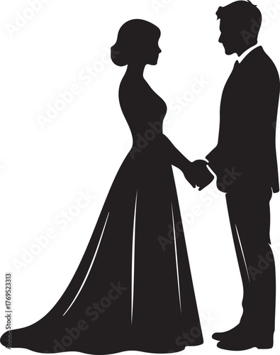Silhouette icon of a bride and groom holding hands, ideal for wedding invitations, announcements, or romantic design elements, vector silhouette icon
