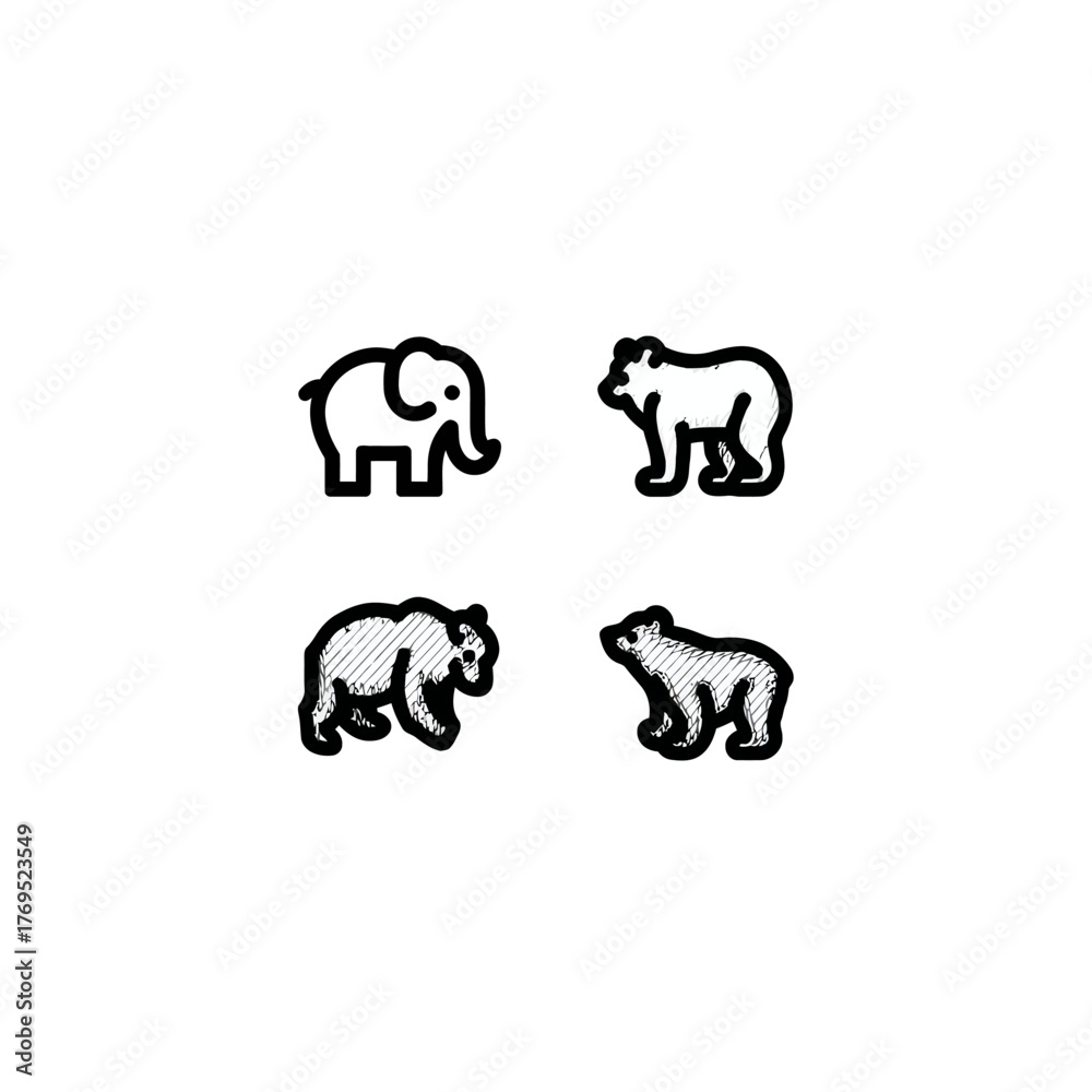 Naklejka premium Set of minimalist pixel art animal icons including various bears and an elephant, black and white line art graphic resource