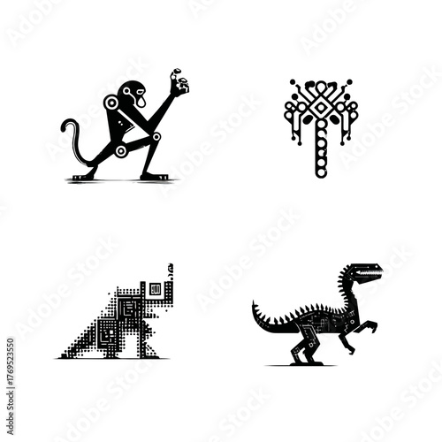 Set of abstract cybernetic animal illustrations featuring a robotic monkey, futuristic circuit symbol, and pixelated prehistoric dinosaurs.
