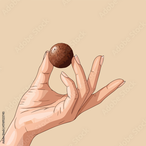 Enjoy a delicious chocolate energy ball held gently in a hand tempting healthy treat