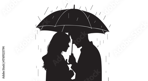 Couple Sharing An Umbrella Silhouette  Vector Graphic Symbolizing Love Togetherness Romance And Protection From The Rain Weather Elements During A Stormy Day Or Date Night
