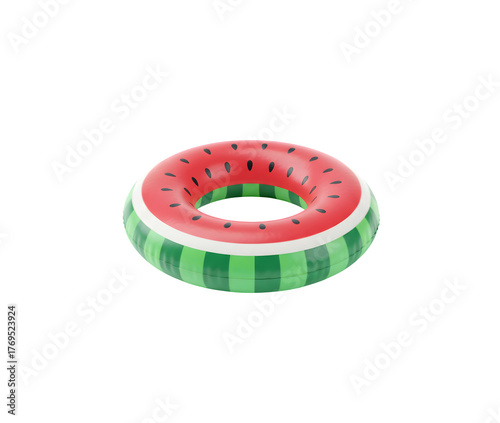 Watermelon-patterned float ring. A symbol of summer pool parties, set against a white background.