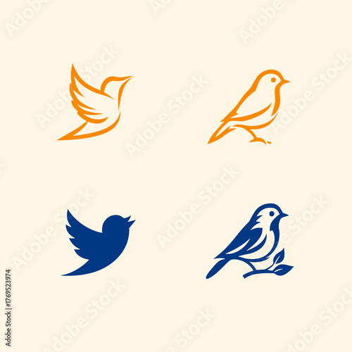 Creative Bird Logo and Icon Set: Stylized Flying and Perched Avian Designs in Vibrant Orange and Deep Blue Vector Graphics