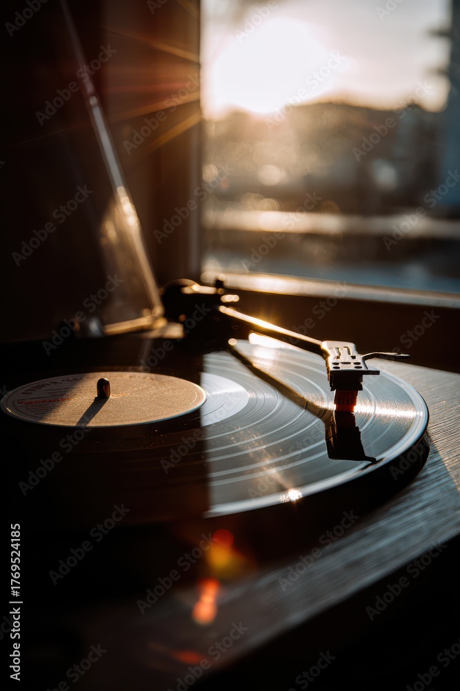 Obraz premium Sunset melodies on a vinyl record create a warm, nostalgic atmosphere