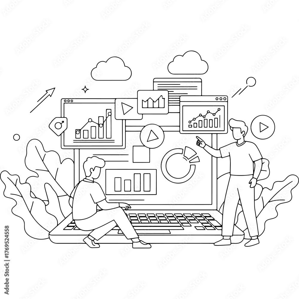 Fototapeta premium Digital marketing expert team analyzing video content and SEO data. Co-working and business strategy. Big laptop with charts and graphs. Growth hacking and analytics concept.