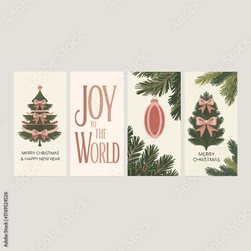 christmas card with decorated christmas tree and gifts for holiday greeting