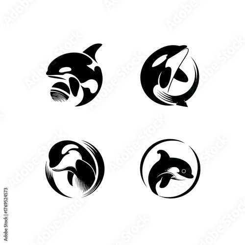 Stylized Orca Killer Whale Logo Vector Collection. Modern Black and White Marine Animal Graphic Design Set for Branding and Business