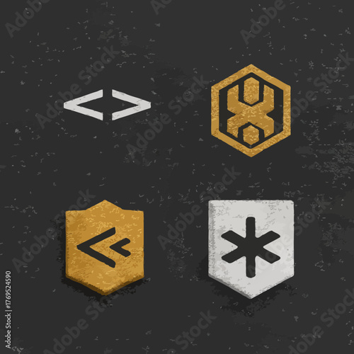 Abstract graphic badges and UI icons on a dark textured background, featuring programming symbols, geometric shapes, and gaming elements.
