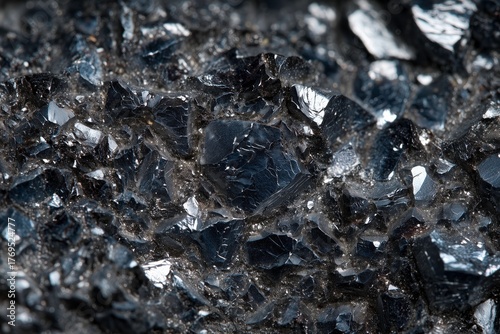Detailed close up of dark shiny volcanic rock surface with sharp crystal texture
