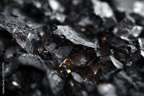 Macro shot of dark glossy volcanic rock fragments showing reflective glassy surfaces