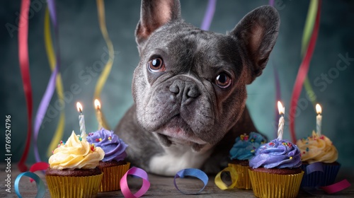 Celebrating a special birthday with a blue French Bulldog and colorful cupcakes adorned with candles