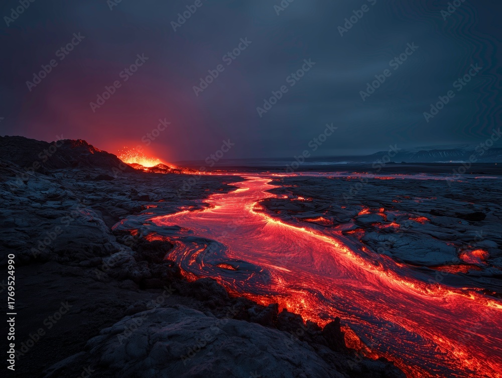 Naklejka premium Bright molten lava stream flowing over dark volcanic rocks in dramatic scenery