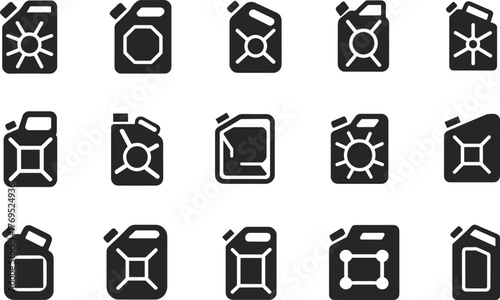 Jerry can icon set, industrial container vector, fuel storage silhouette, black and white design, geometric pattern detail, flat vector illustration