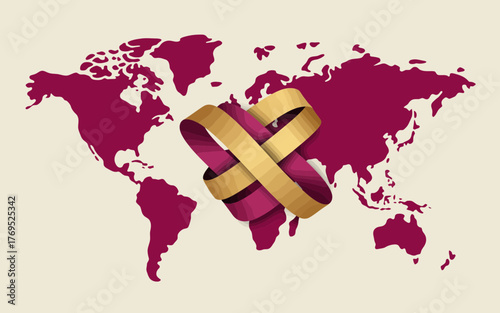 Global awareness ribbon symbolizing unity and support for a cause against the backdrop of a world map