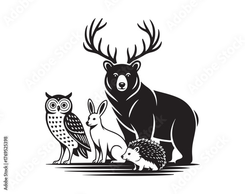 Forest animals ensemble owl rabbit bear hedgehog majestic deer antlers nature wildlife