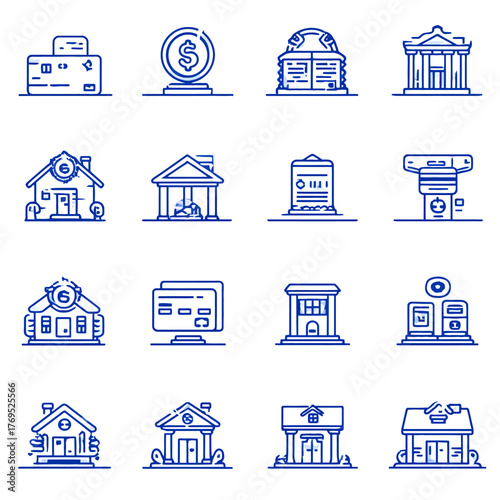 Banking and Finance Line Icons Collection. Financial services, institutions, transactions, money, payment methods, and digital banking vector set.