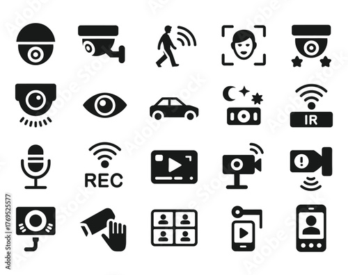 Collection of security and surveillance icons for cctv systems and smart home technology