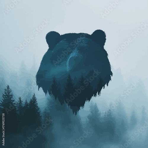 Mystical bear head silhouette featuring an integrated misty forest landscape. Double exposure nature art, wilderness wildlife concept.